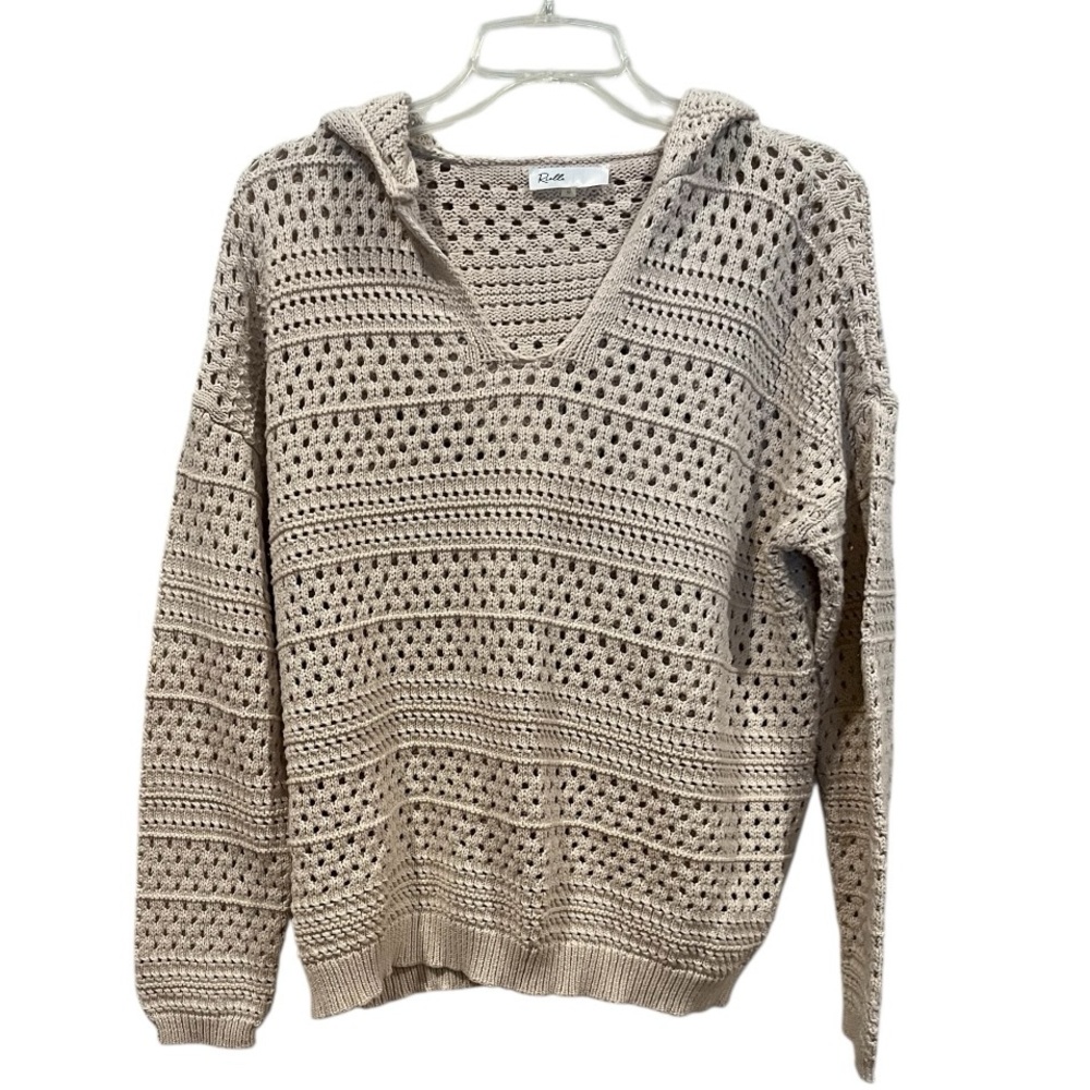 Open weave mesh Beige Knit Hooded Sweater oversized fit size medium